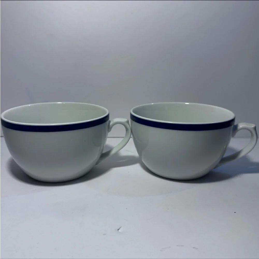 Set of 2 | White Ceramic Williams Sonoma Brasserie Blue Flat Mugs Tea Cups - Picture 5 of 12